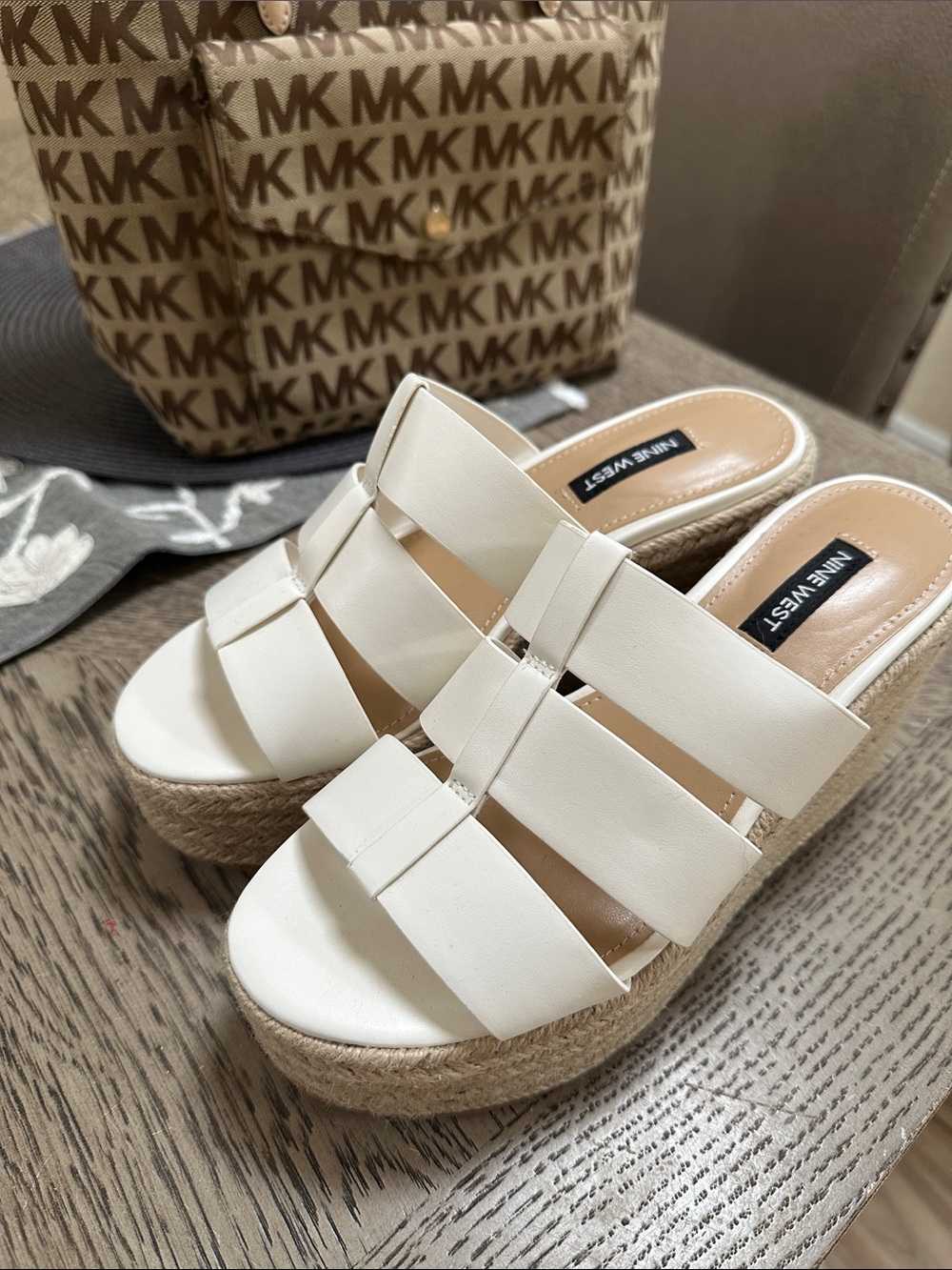 Nine West White Woven Espadrille Platform Slide Sandals